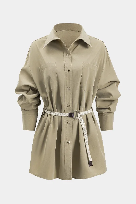 Chic And Comfortable Ruched Button Pocket Belted Long Sleeve Mini Dress