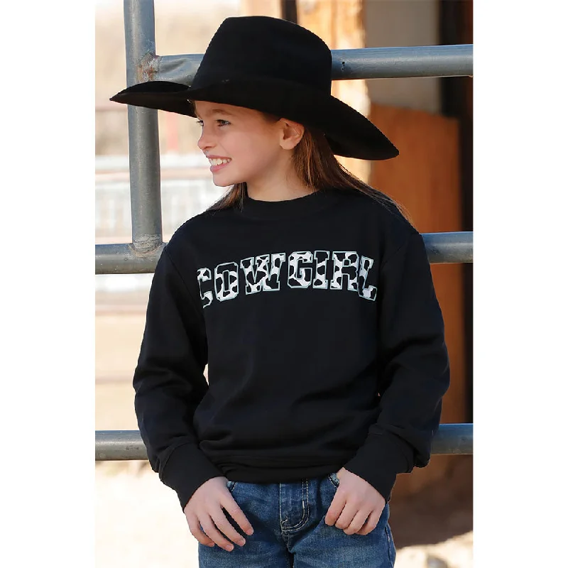 Trendy Women's Wear Collection CWK8002002 Cruel Girl Girls Long Sleeve Cowgirl Sweatshirt - Black with Cow Print