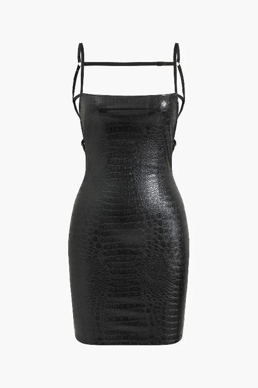 Seasonal Sale Crocodile Faux Leather Backless Sleeveless Slip Mini Dress