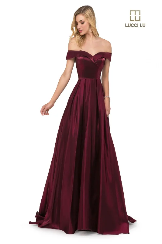 Limited Styles Lucci Lu 28063 Size 14 Claret Formal A Line off the shoulder evening gown Prom Dress