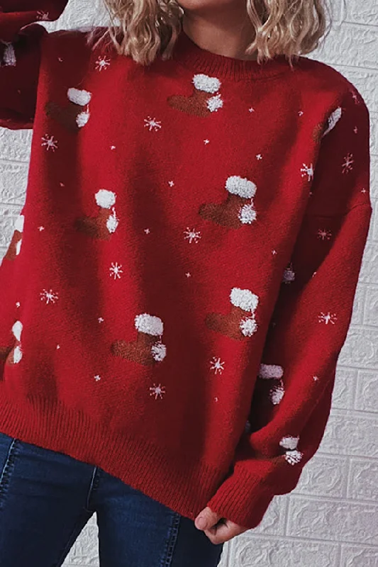 Versatile Women’s Fashion Christmas Pattern Knitted Crew Neck Long Sleeved Sweater