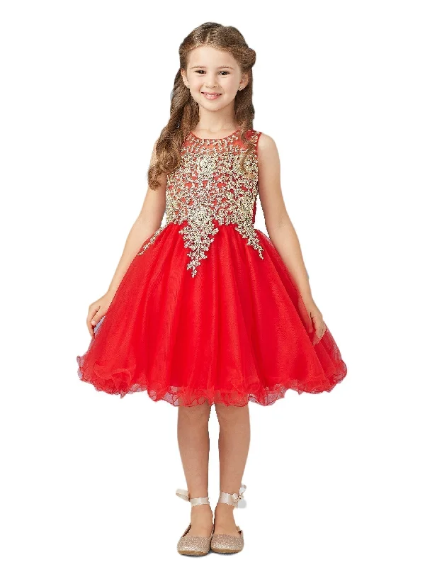 Early Bird Offer Little Girls Red Gold Lace Tulle Short Pageant Dress 2-6