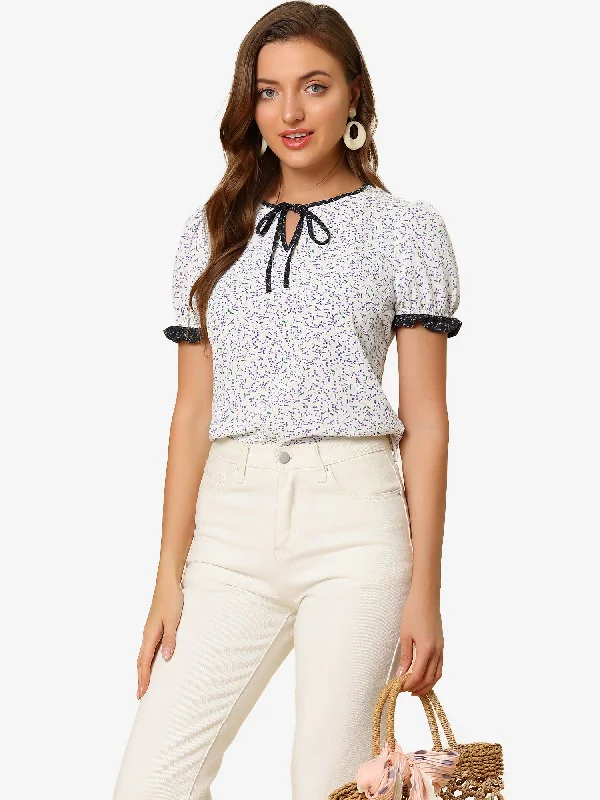 Elevate Your Wardrobe Tie Neck Contrast Trim Short Sleeve Floral Blouse Tops