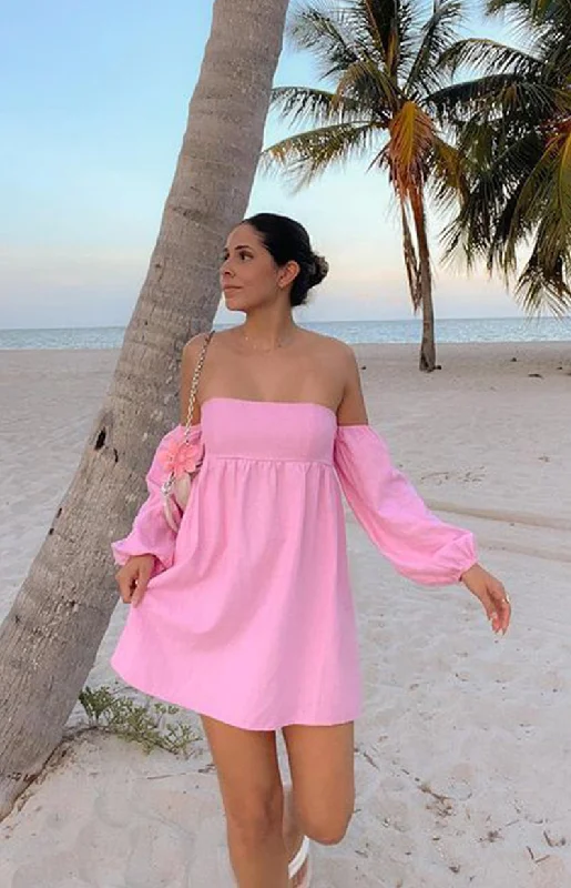 Elegant Women’s Fashion Koa Pink Off Shoulder Linen Mini Dress