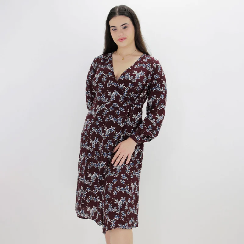 Fashion Forward Women's Floral Printed Dress,Burgundy