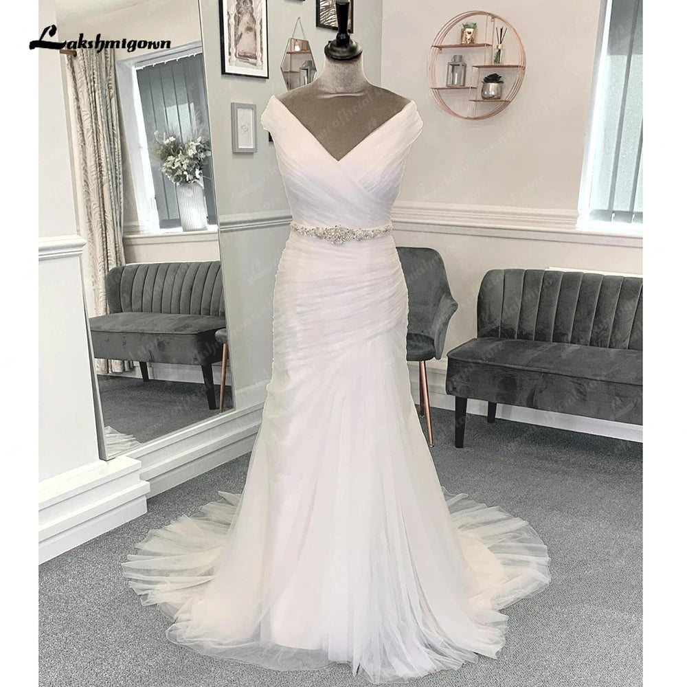 Vibrant Femme Fashion Roycebridal Tulle Pleat Mermaid Formal Wedding Dresses with Beads Belt Off the Shoulder Off White 2025 Bridal Gowns