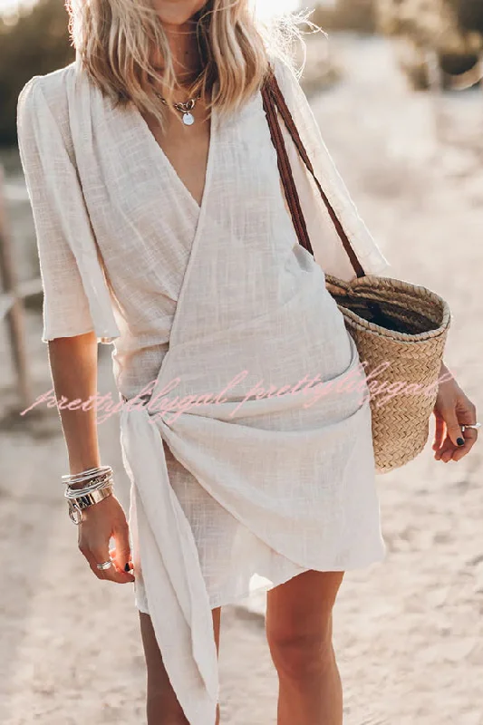 Trend Setting Wardrobe Easy Breezy Cotton Linen Blend Knotted Wrap Mini Dress