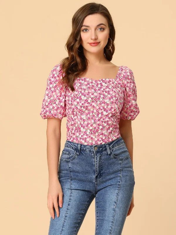 Limited Time Offer Puff Sleeve Square Neck Peasant Floral Blouse Top