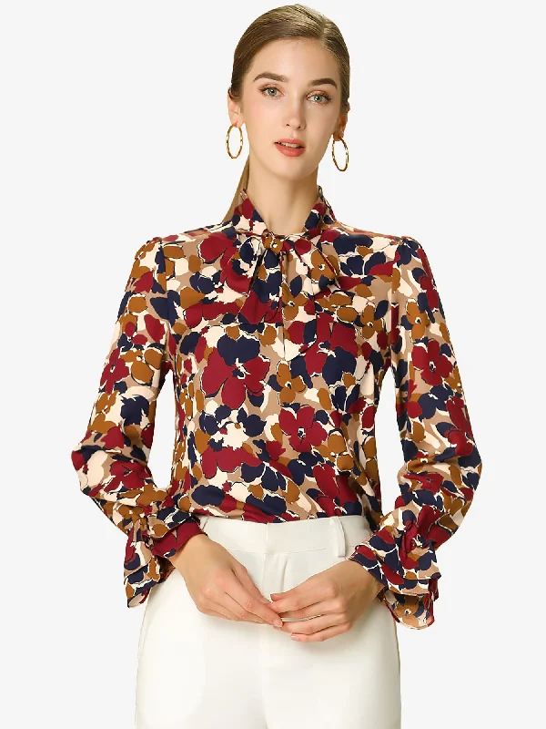 Chic Outfits Valentine's Day Floral Tie V Neck Blouse Chiffon Ruffle Trumpet Top