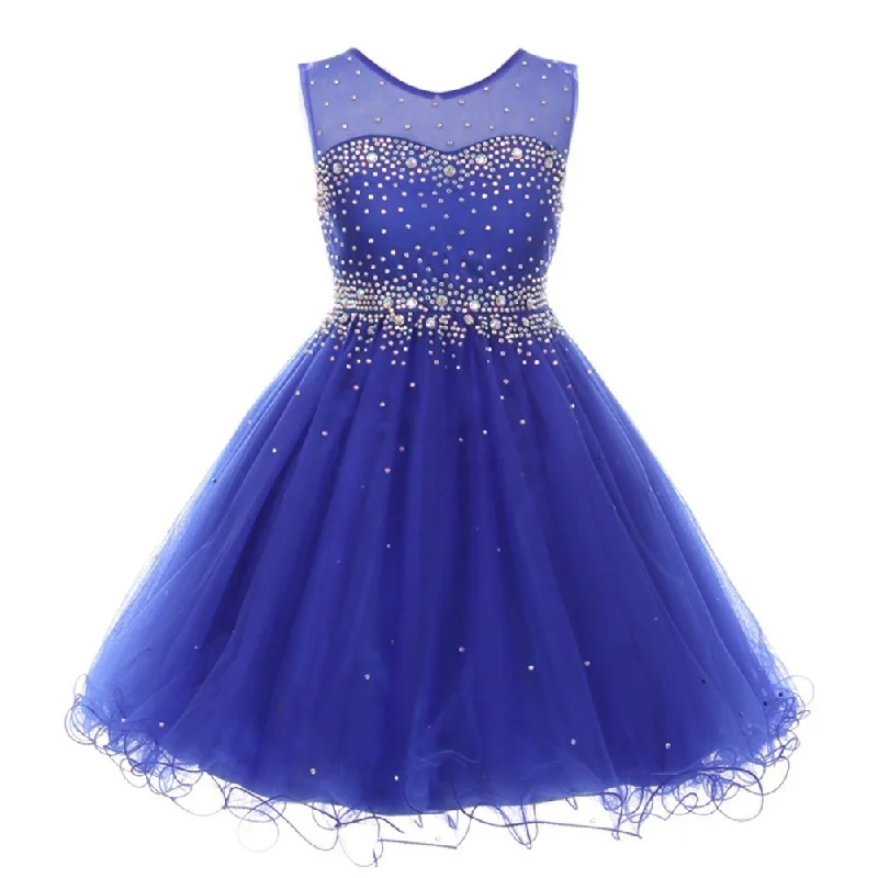 Attire Sale Little Girls Royal Blue Sparkling Rhinestone Illusion Tulle Party Formal Dress 4-6