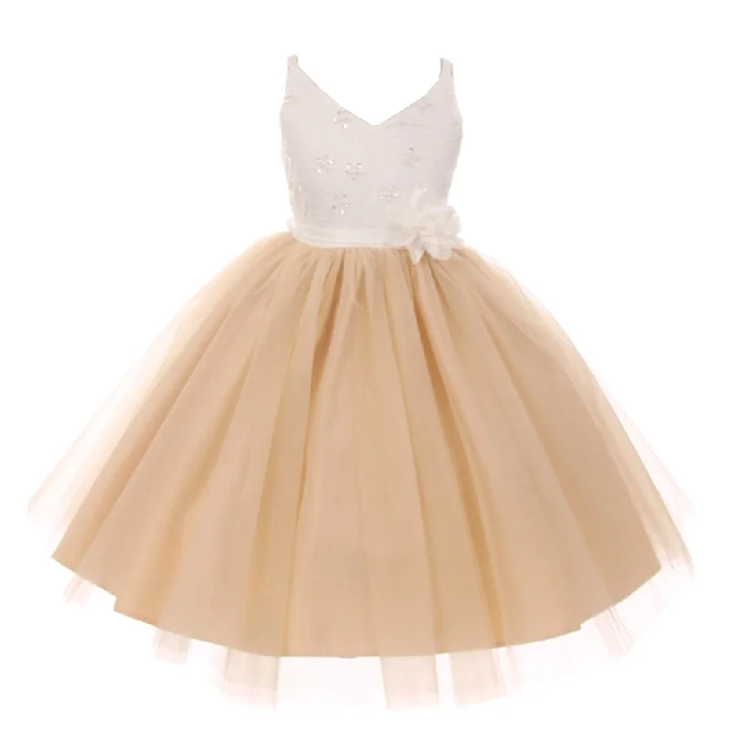 Women's Clothing Online Sale Little Girls Champagne Beaded Lace V-neck Special Occasion Dress 2-6