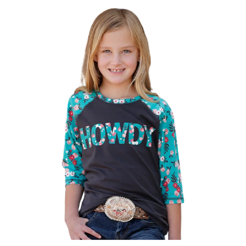 Best Sellers CTK3530030 Cruel Girl Girls' 3/4 Sleeve HOWDY Tee - Black w/Print Sleeves