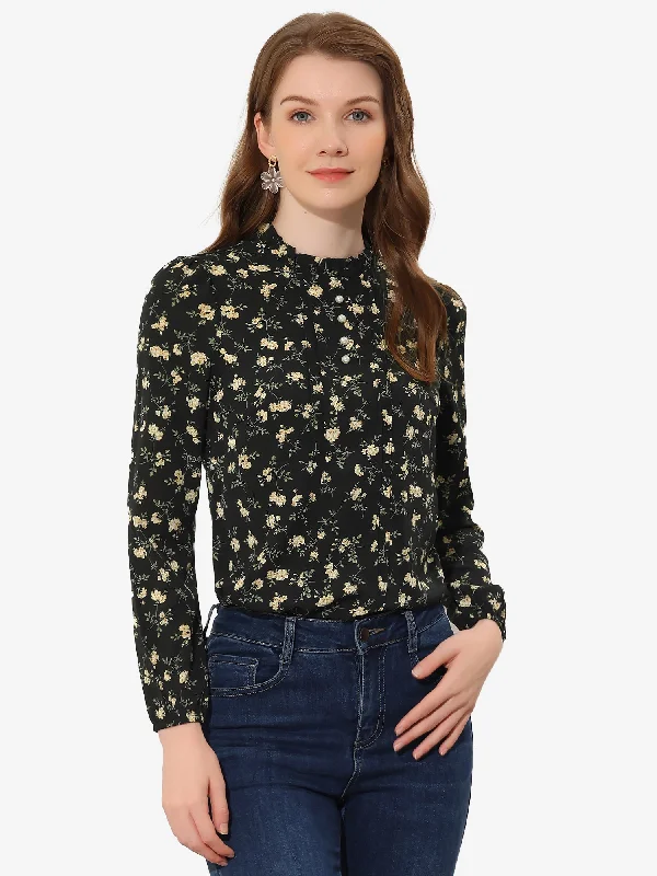 Fashion Forward Floral Print Flounce Mock Neck Long Sleeve Work Blouse