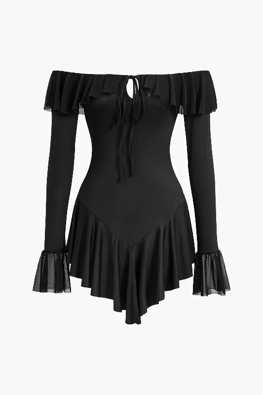 Trend Alert Mesh Ruffle Tie Front Off Shoulder Long Sleeve Mini Dress