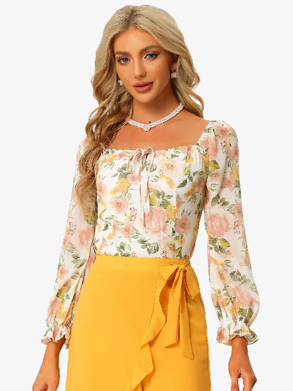 Pastel Styles Square Neck Tops Smocked Back Puff Sleeve Elegant Floral Blouse