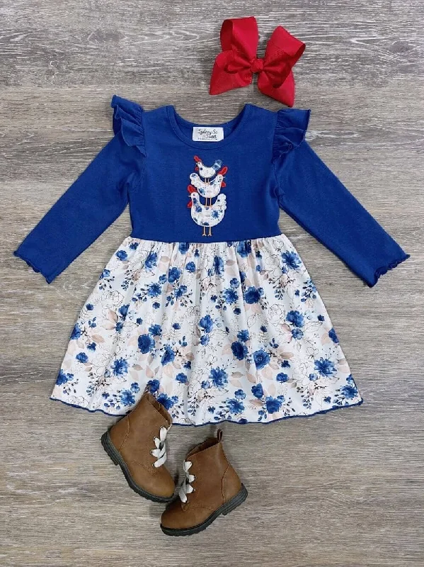 Fashion Sale Blooming Blue Chickens Girls Long Sleeve Dress