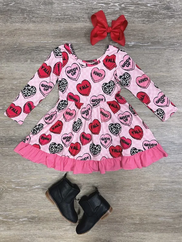 Women’s Evening Wear Candy Hearts Hot Pink Ruffle Girls Valentine's Day Twirl Dress