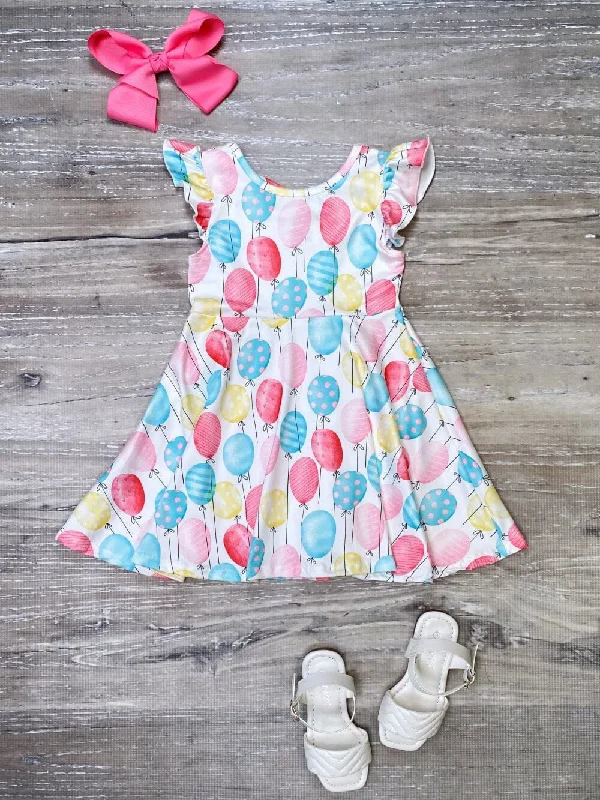 Step Ahead, Lead The Trend Balloon Party Blue & Pink Flutter Sleeve Girls Birthday Dress