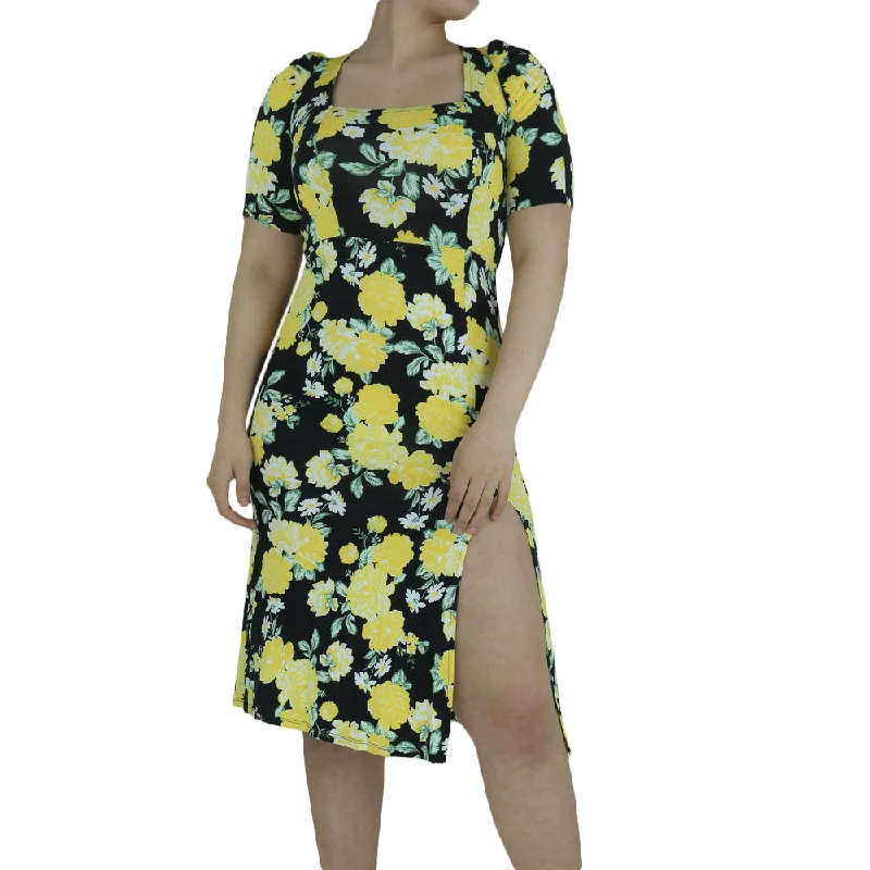 Boutique Styles Women's Floral Square Neck Short Dress,Yellow/Black