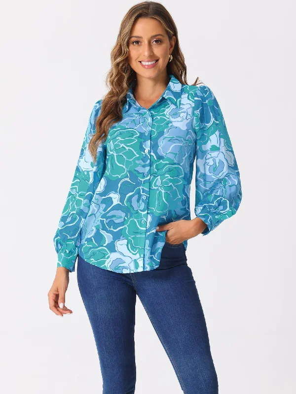 Durable Fashion Picks Floral Button Up Puff Long Sleeve Casual Blouse