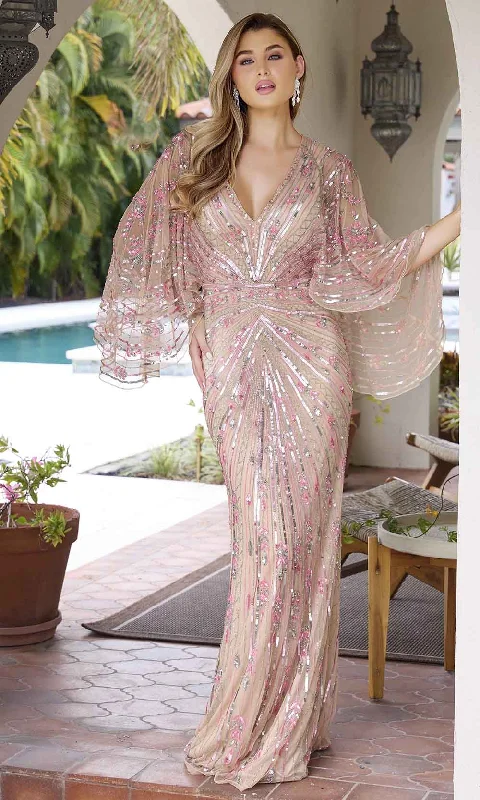 Women Clothing Primavera Couture 12189 - V-Neck Cape Sleeve Sequin Evening Gown