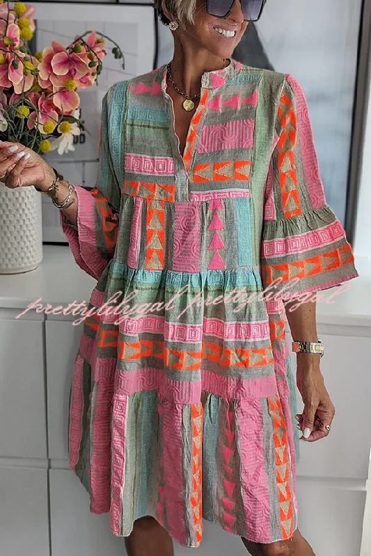 Urban Femme Streetwear Just My Type Linen Blend Colorful Ethnic Print Bell Sleeve Babydoll Mini Dress