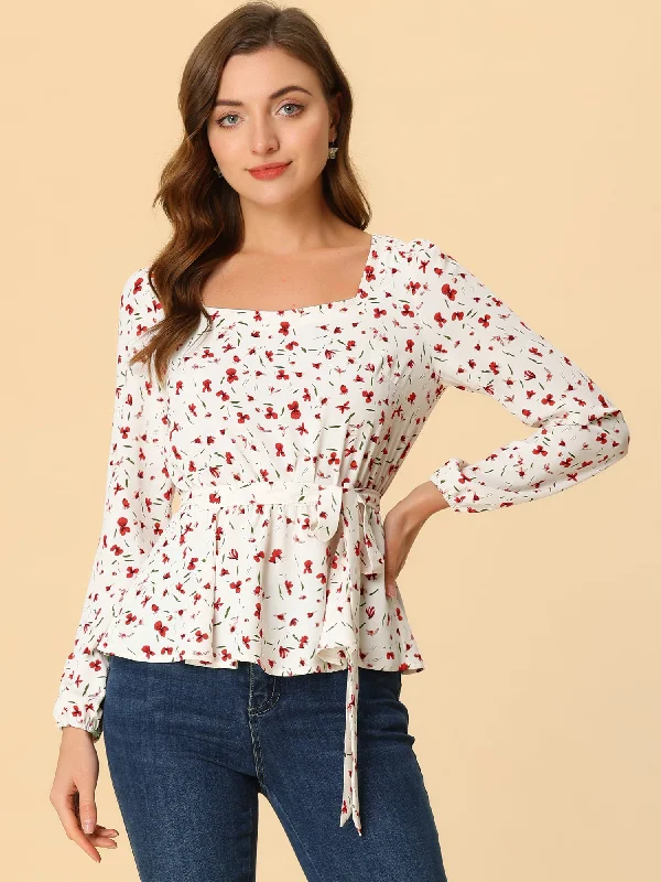 Season Sale Long Sleeve Square Neck Belted Peplum Floral Top Blouse