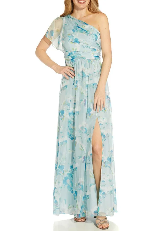 Trend Alert adrianna papell blue floral one shoulder chiffon gown