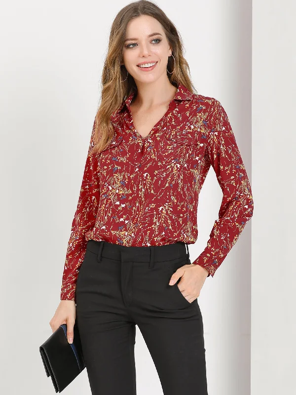 Big Savings Elegant V-Neck Shirt Floral Faux Pocket Long Sleeve Blouse