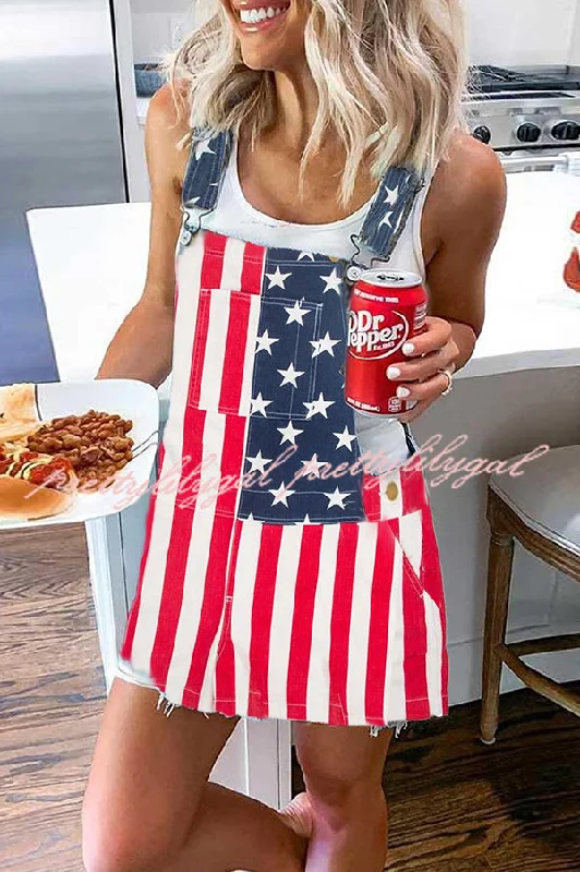 Limited Time Offer Independence Day American Flag Print Casual Pocket Denim Strap Mini Dress