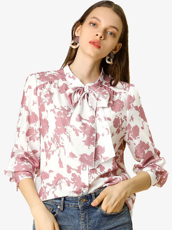 Style Upgrade Bow Tie Long Sleeve Contrast Color Vintage Floral Blouse