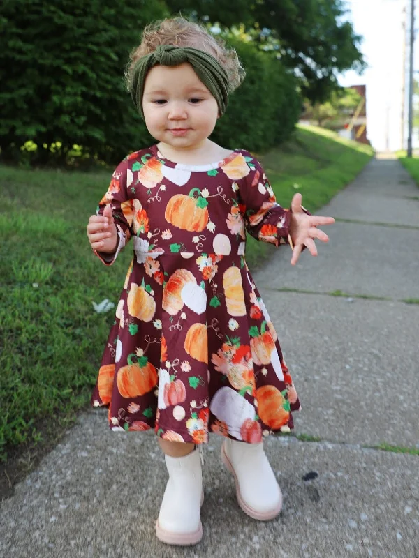 Break Fashion Norms Pumpkins Please Burgundy Long Sleeve Girls Fall Skater Dress