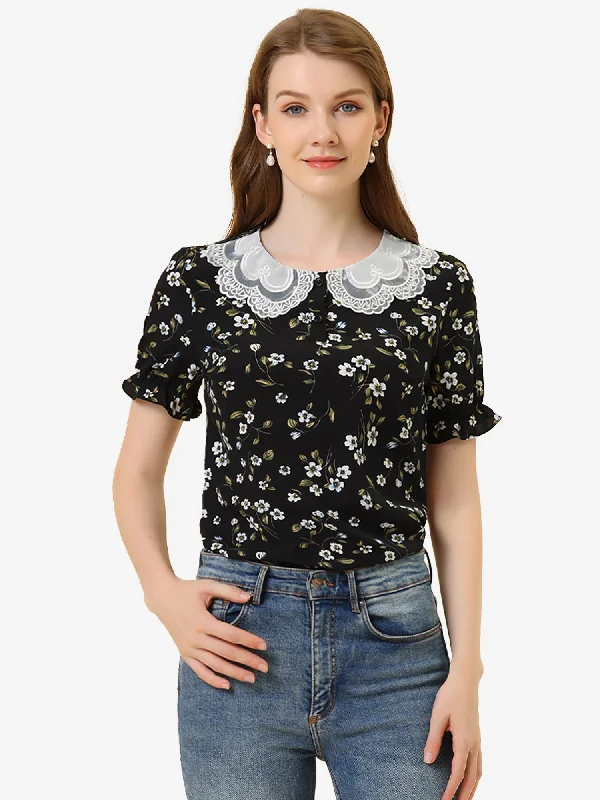 Exclusive Sale Floral Vintage Ruffled Short Sleeve Peter Pan Blouse