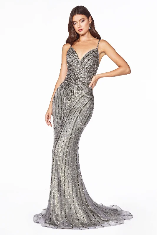 Trendy Women’s Apparel Cinderella Divine KC898 Long Formal Fitted Metallic V-Neck Prom Dress