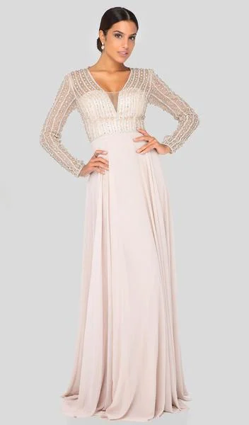 Women's Fashion Clothing Terani Couture - Bead-Striped Sheer Long Sleeve Chiffon Gown 1911M9326 - 1 pc Champagne In Size 20 Available