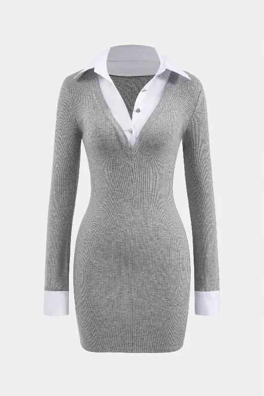 Timeless Classics Button Patchwork Long Sleeve Mini Dress