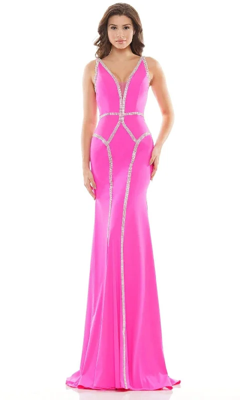 Trend Driven Wardrobe Colors Dress - 2696 Jewel Trimmed V-Neck Gown