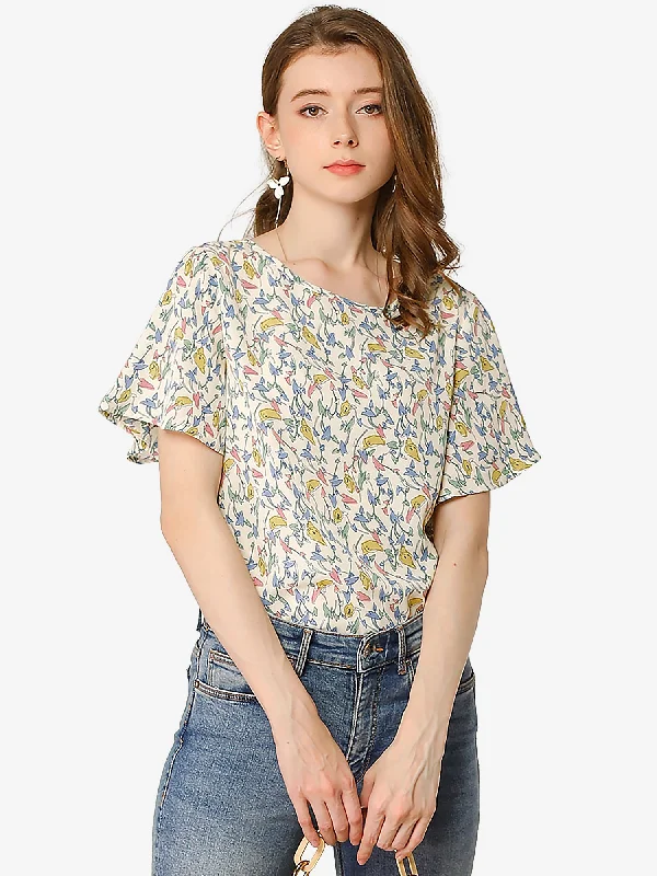 Chic Styles Floral Blouse Tee Chiffon Casual Flutter Sleeve Tops