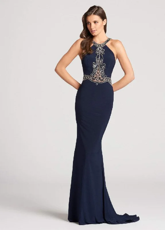 Special Offer For You Ellie Wilde Beaded Illusion Paneled Halter Long Gown - 1 pc Navy In Size 8 Available