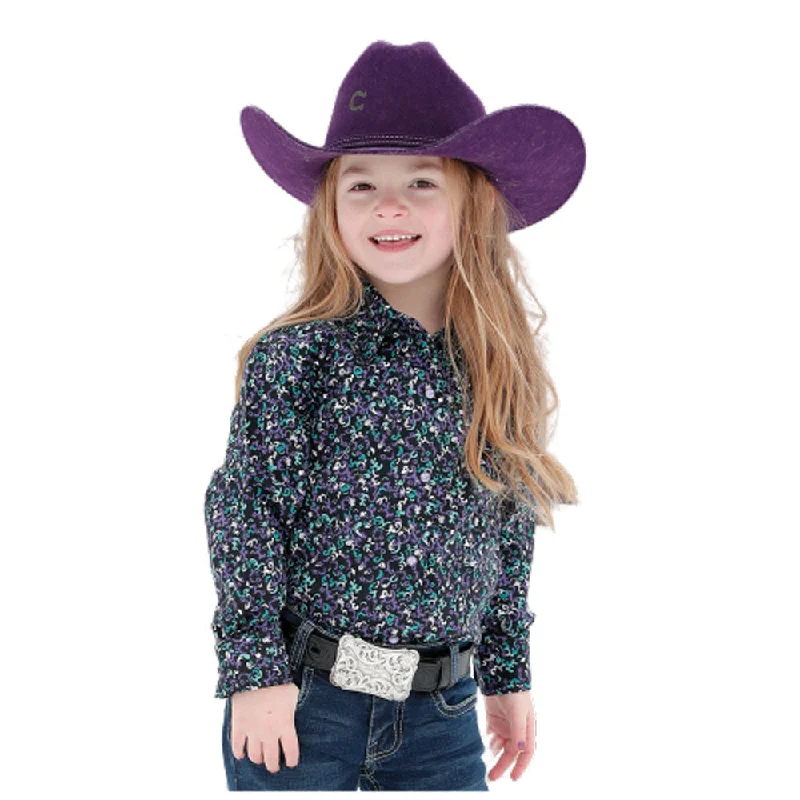 Stylish Basics CTW3220039 Cruel Girl Girls' Long Sleeve Western Snap Shirt - Black Purple Print