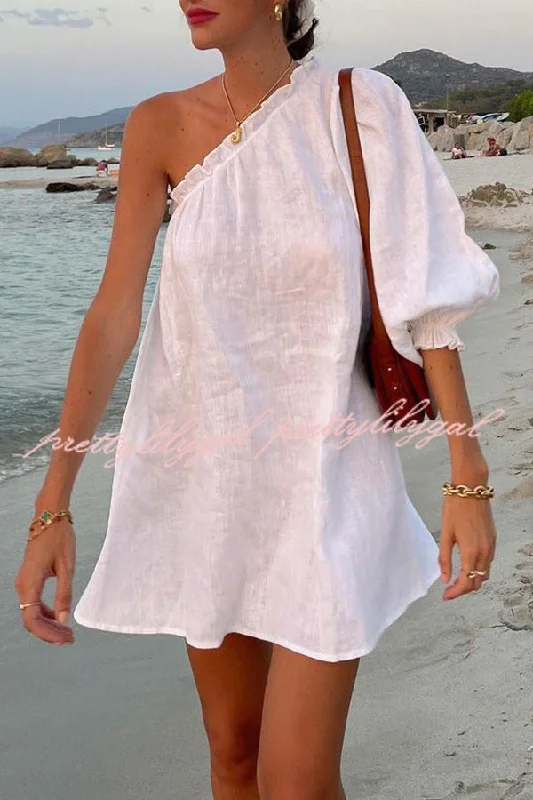 Get The Latest Trends A Moment for Beach Linen Blend One Shoulder Loose Mini Dress