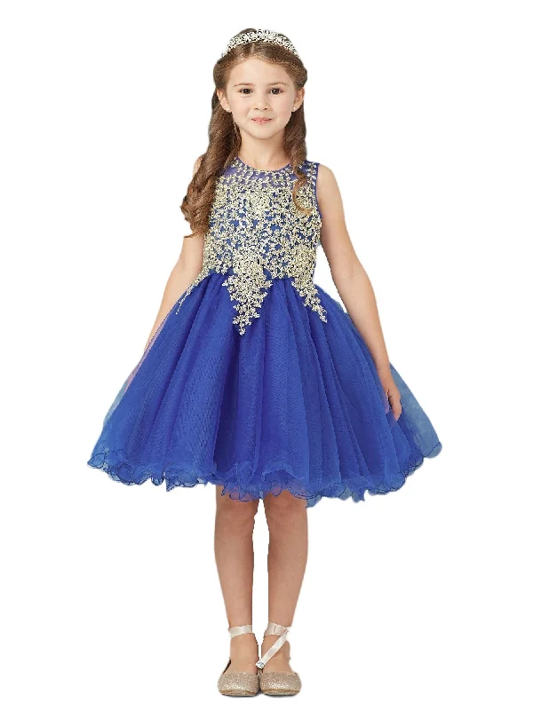 Flash Sale Clothing Big Girls Royal Blue Gold Lace Tulle Short Pageant Dress 8-18