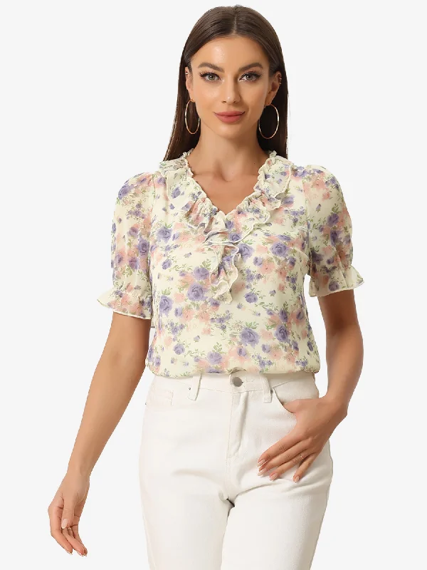 Seasonal Trends Floral Blouse Ruffle V Neck Puff Short Sleeve Top