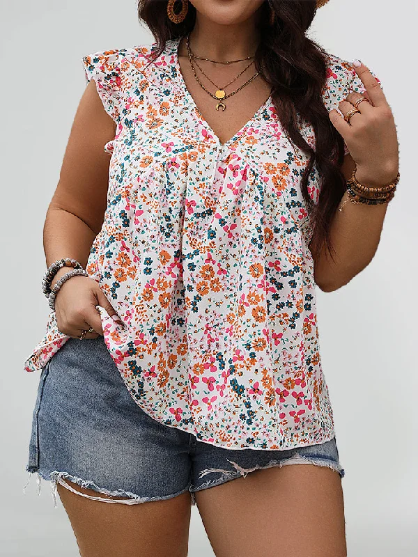 Style Beyond Borders Floral Print V-Neck Ruffle Trim Blouse