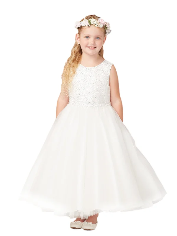 New Arrival Discount Little Girls Ivory Pearls Tulle Embroidery Flower Girl Dress 2-6