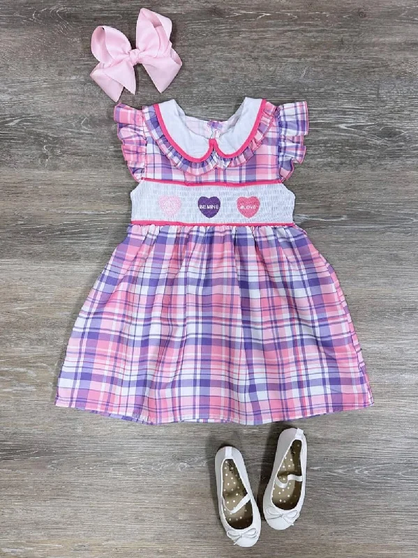 Elegant Simplicity Wardrobe Wink Wink Candy Hearts Purple & Pink Plaid Collar Girls Dress