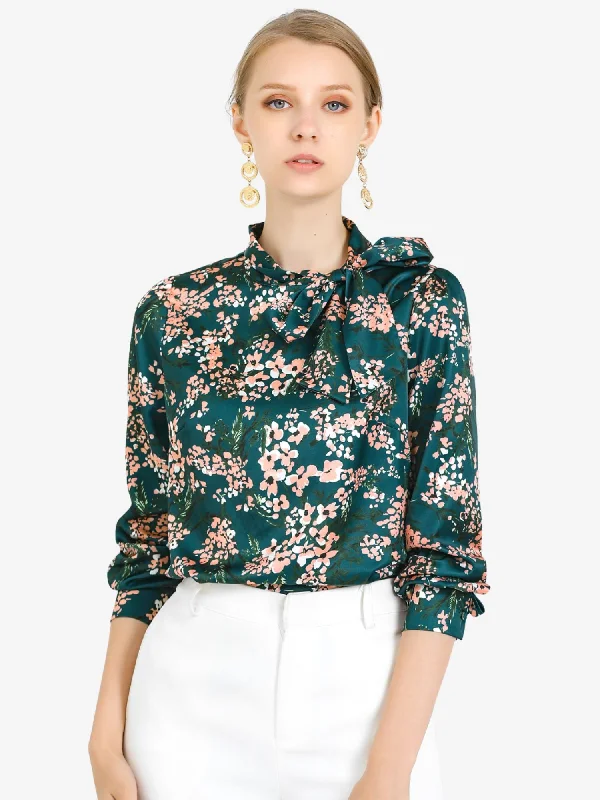 Fashion Forward Outfits Bow Tie Neck Puff Sleeve Floral Elegant Work Top Blouse