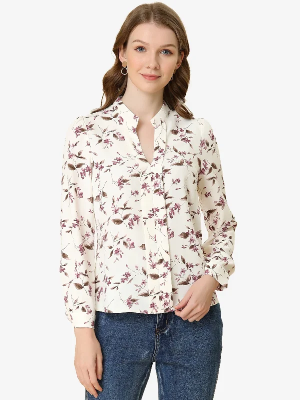 Exclusive Sale Floral Print Split V Neck Office Long Sleeve Blouse Shirt