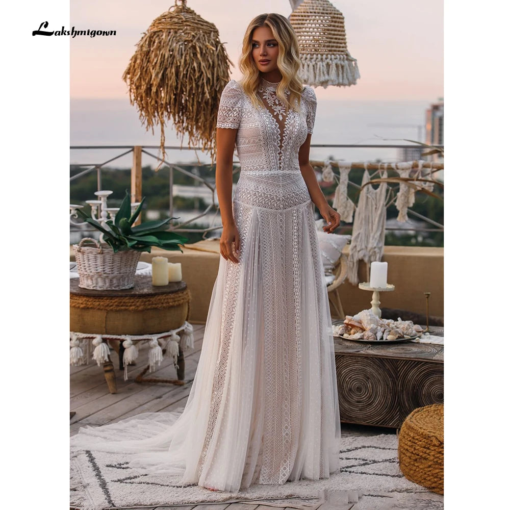 Unleash Your Trendy Side Full Lace Bohemian Wedding Dress Robe Longue Vintage soft Tulle Wedding Dresses Chic Bridal Gowns High neck abito da sposa