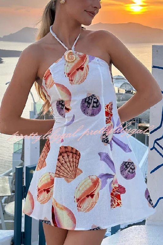 Flash Discount Seaside Bouquet Linen Blend Shells Unique Print Halter Mini Dress